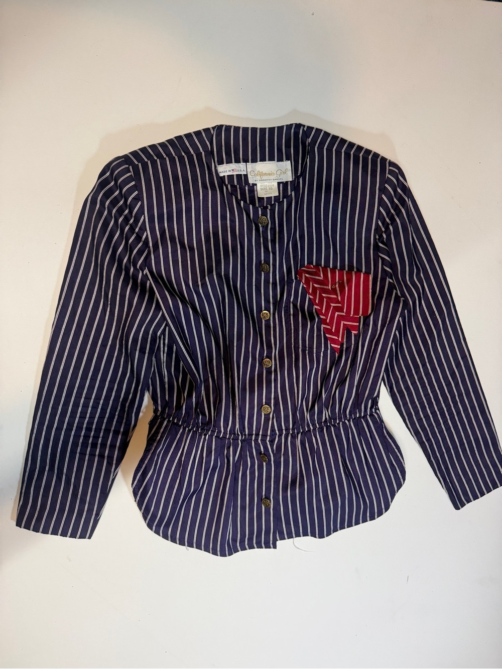 Striped Navy Button-Front Top with Red Pocket Accent